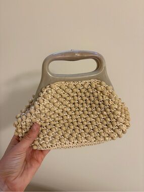 Vintage Beige Knotted Bead Handbag with Sage Handle